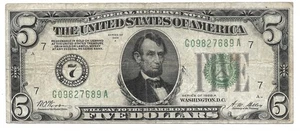 $5 1928 A Chicago Numeric 7 Federal Reserve Note FRN Green Seal Redeemable Gold - Picture 1 of 3