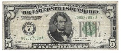 $5 1928 A Chicago Numeric 7 Federal Reserve Note FRN Green Seal Redeemable Gold - Image 1 of 3