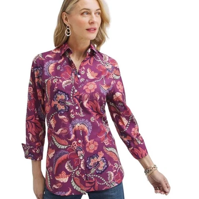 Chicos No Iron Stretch Paisley Shirt Size 3 (16-18) Purple 3/4 Sleeve Blouse - Image 1 of 4