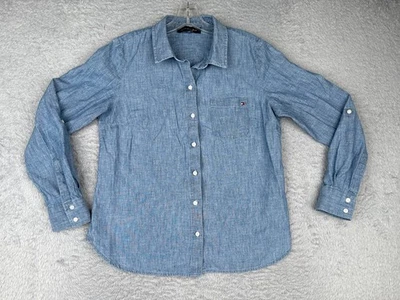 Tommy Hilfiger рубашка женщин средний синий на пуговицах Chambray карман 100% хлопок - Изображение 1 из 4