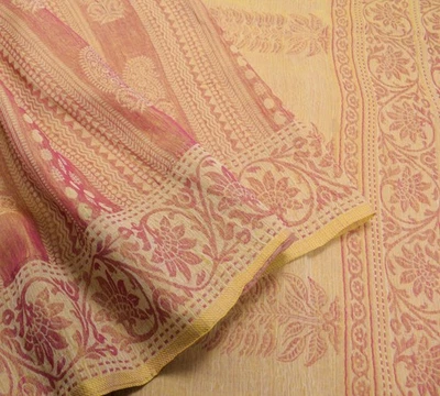 Sushila Vintage Yellow Magenta Saree Pure Cotton All Over Woven 5Yds Sari Fabric - Image 1 of 4