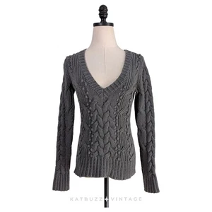 Y2K Banana Republic Cable Knit Sweater XS Gray Vneck Elena Bella Academia Chunky - Picture 1 of 10