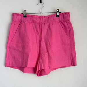 NWT LOFT Beach Linen Shorts Hot Pink High Waist Elastic Waistband Pockets L - Picture 1 of 8