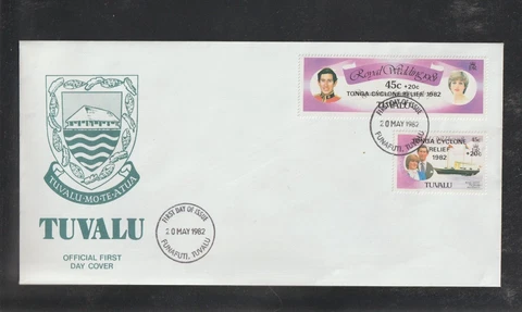 TUVALU TONGA CYCLONE RELIEF OVERPRINT ON ROYAL WEDDING FDC, SG 187-188, SC B1-B2 Cover