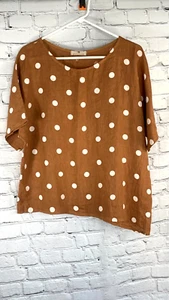 Lands Downunder 100% Linen Italy Top Asymmetric Hem Brown White Polka Dots L - Picture 1 of 16