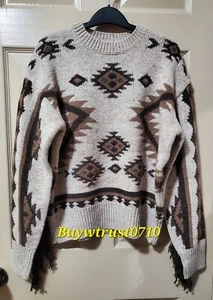 NWT $348 Polo Ralph Lauren Women's Aztec Motif Oatmeal Wool Sweater W/Fringes XS - Picture 1 of 7