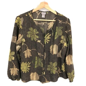 Sigrid Olsen wool silk balloon sleeve blouse black green tan floral top stripe L - Picture 1 of 10