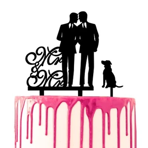 CARISPIBET Wedding cake topper with couple and dog Mr. & Mr script - Picture 1 of 4