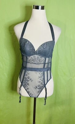 Victoria Secret 32C 码灰色银色装饰吊带吊袜带泰迪全新带标签 — 第 1/4 张图片