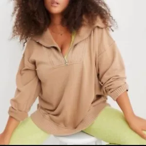 AERIE DOWN TO EARTH QUARTER ZIP SWEATSHIRT PULLOVER TAN XS - Picture 1 of 6
