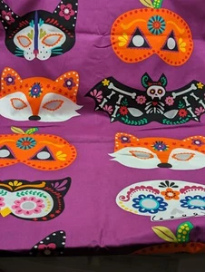Halloween Masks New Fabric "Day of the Dead" Colorful Purple Cotton Approx 2 Yds - Picture 1 of 11