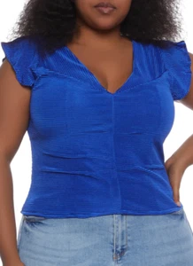Women Plus Size Blue Bodre Flutter Sleeve V-cut Top. Size 2XL . - Picture 1 of 2