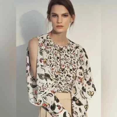 Серый Джейсон Ву живописный верхний цветочный печать открытый рукав блузка шелк с подкладкой 2 XS - Изображение 1 из 4