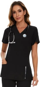 Scrub Top for Woman Soft Stretch, V Neck Scrub Top with 3 Pockets, Black Size S - Picture 1 of 7