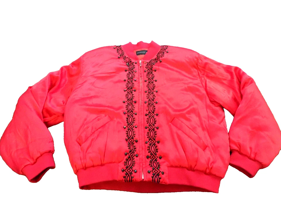 Vtg August 100% Silk Red Embellished Black Rhinestones Bomber Full Zip Pockets M - Imagem 1 de 4