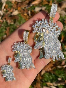 14k Gold Plated Silver Iced Hip Hop Jesus Pendant Iced Baguette CZ Necklace - Picture 1 of 13