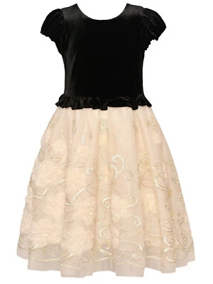 Vestido Bonnie Jean Niñas Negro Terciopelo Marfil Floral Superposición Ocasión Especial Nuevo con Etiquetas Foto 1 de 4