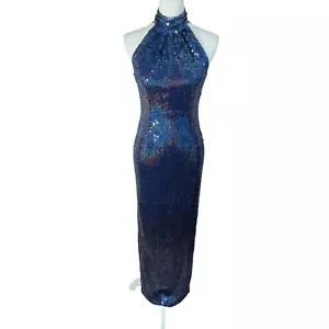 Adrianna Papell Evening Dress Navy Blue Iridescent Sequins Column Gown Size 2 - Picture 1 of 10