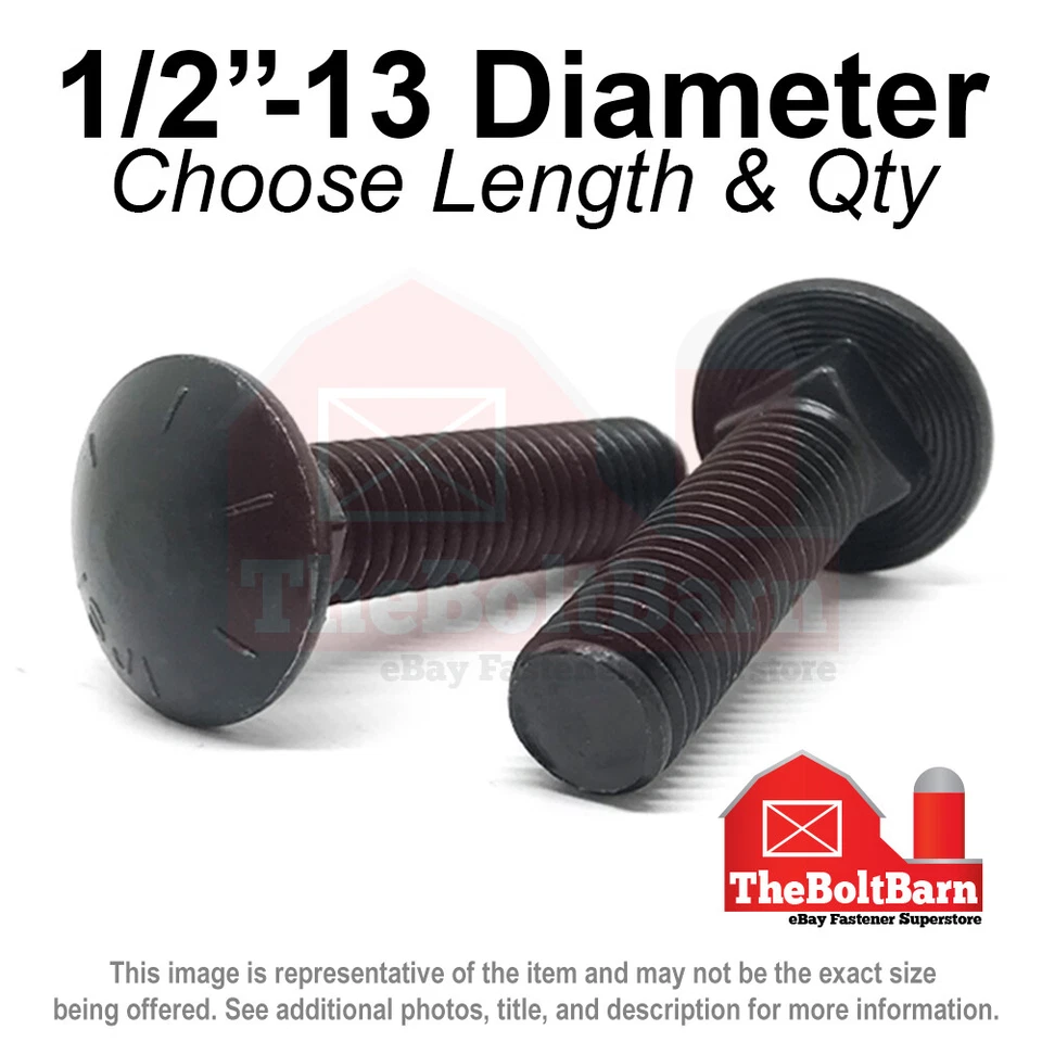 THEBOLTBARN 1/2"-13 Grade 8 Full Thread Round Head Square Carriage Bolts (Pick Length & Qty)