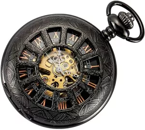 NIB - SIBOSUN Men's 12 WINDOW Black ROSE GOLD NUMERALS POCKET WATCH w/CHAIN - Picture 1 of 6