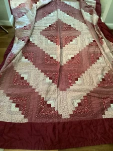 Vtg Pennsylvania Amish Log Cabin Maroon Floral Quilt, 109” X 72” App. - Picture 1 of 7
