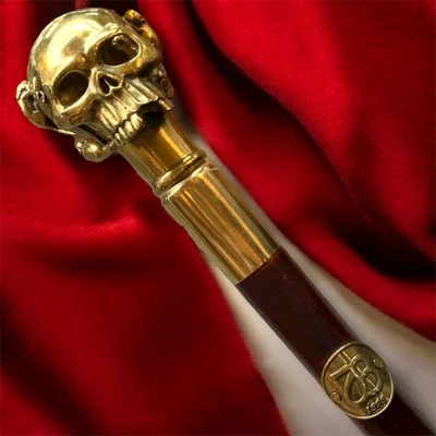 Bronze Skull Head Walking Stick Cane Gothic Mouse Design Wood Handle Rare Vintag - Image 1 of 4