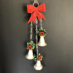 Vintage 60’s Plastic Chain Bells Christmas Wall Door Hanging Decor Red Bow Holly - Picture 1 of 13