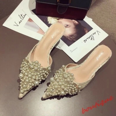Women's Kitten Heels Rhinestones Pearls Pointed Toe Sandals Mules Slippers Shoes - Image 1 of 4