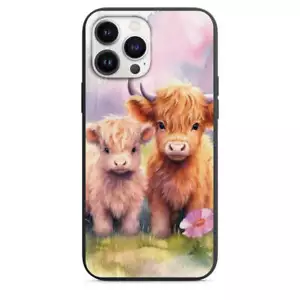 Cutest Little Baby Highland Cows on grass with Purple Flower Water Color Design - Picture 1 of 31