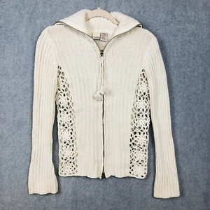 Snowflake Off-White Cardigan Zip Up Ribbed Sweater Womens Sz-Sm Crochet Tassel - Picture 1 of 7