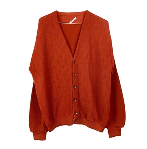 Vintage 60s Salmon Orange Vee Cardigan Rockabilly Grandpacore Knit Chest 47" - Picture 1 of 3