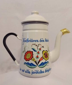 Vintage Berggren 50 oz White Enamel Swedish Coffee Pot w/ Floral Design - Picture 1 of 4