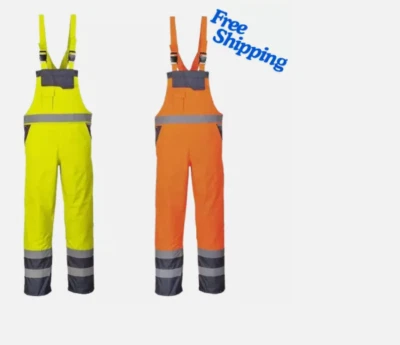 Hi Vis Viz Contrast Bib and Brace Trouser Waterproof workwear Dungarees Overall - Image 1 of 4