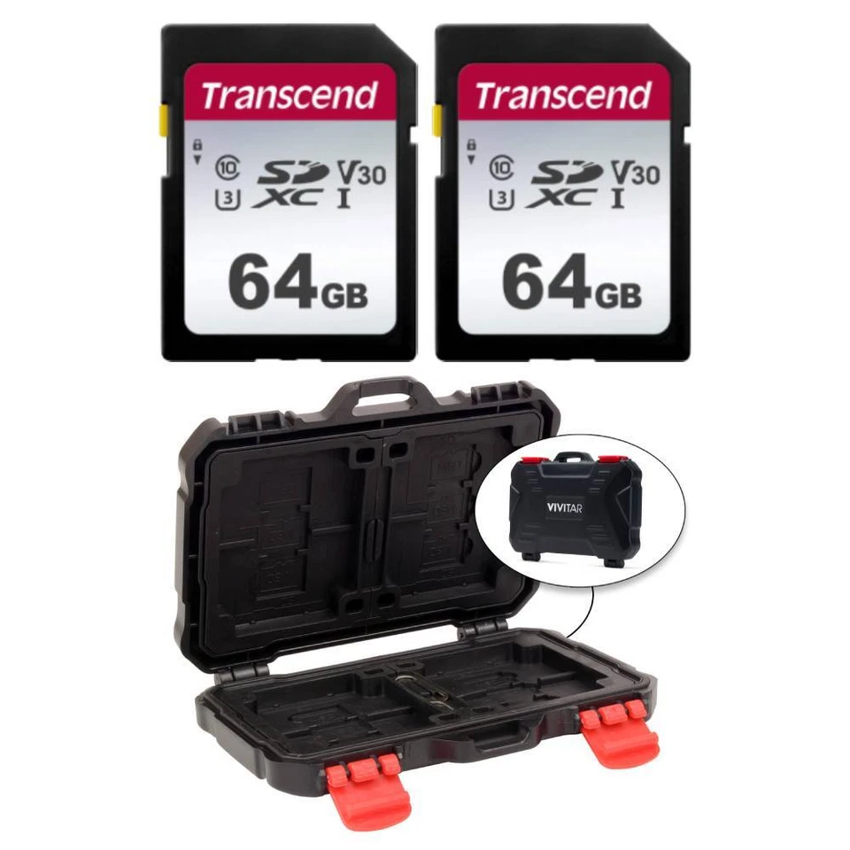 Transcend TS64GSDC300S 64GB UHS-I U3 SD Memory Cards X2 + Memory Card Hardcase - Image 1 of 4