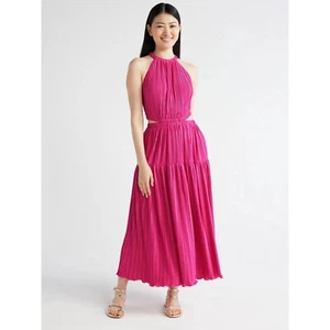 Scoop Cutout Halter Pleated Dress Large Pink - Picture 1 of 2