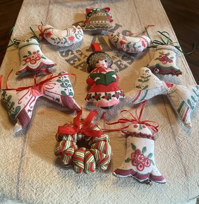 10 VTG-1970s- Fabric Cut & Sew Stuffed Christmas Ornaments Bells, Bows, Dove - Image 1 of 4