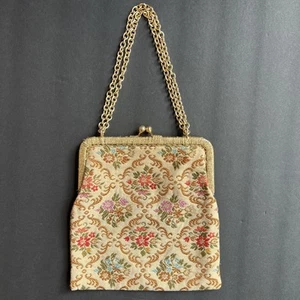 Vintage Made In Italy Floral Embroidered Shiny Gold Toned Purse Chain Strap - Picture 1 of 12