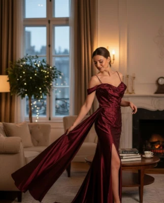 Vestido de noche borgoña profundo con hombros descubiertos - talla 12 (nuevo sin etiquetas) Foto 1 de 2