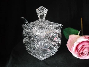 Vintage Crystal Cut Glass Lidded Preserve Jam Pot with Chrome Spoon - Picture 1 of 5
