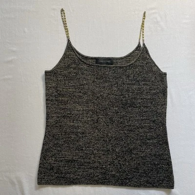 Camiseta sin mangas de seda tejida metálica negra con cadena dorada LG de cable y calibre para mujer fiesta Foto 1 de 4