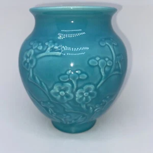 Lovely Turquoise blue ceramic Pottery vase with cherry blossoms 5 3/4" - Picture 1 of 5