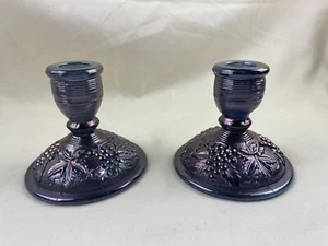 Pair Imperial Glass Grape & Leaf Amethyst Carnival Glass Candle Holders 3.5" VTG - Picture 1 of 2