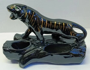Fioriera pantera tigre nera MCM vintage occhi strass verdi rossi ceramica anni 50 - Foto 1 di 17
