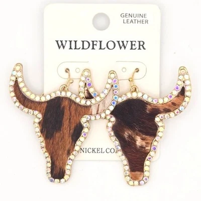 Pendientes de calavera de vaca de cuero genuino de flores silvestres diamantes de imitación Western Boho Foto 1 de 4