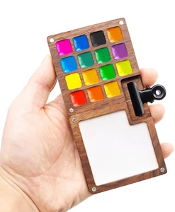 Portable Watercolor Palette, 15 Color Sketchbook Palette, Walnut Wooden Palet... - Picture 1 of 12