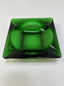 Vintage Mid Century Modern Large Green Art Glass Ashtray 4.75” Square 4 Slot - Picture 1 of 5