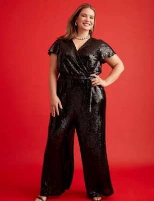 NEW LANE BRYANT BLACK SEQUIN FLUTTER SLEEVE SURPLICE WIDE LEG JUMPSUIT SZ 18/20 - Image 1 of 4