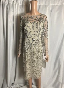 Adrianna Papell Floral Beaded Sequin Formal Party Midi Tan Sheer Dress Size 18W - Picture 1 of 11