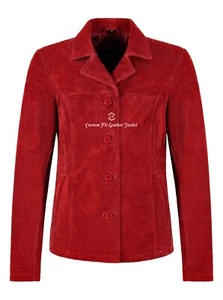 Woman’s Real Red Suede Leather Classic Blazer Style Box Buttons Jacket Jennifer - Picture 1 of 8