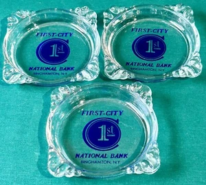 Vtg Glass Adv Ashtray 1st First City National Bank Binghamton NY Blue Litho 60's - Picture 1 of 9